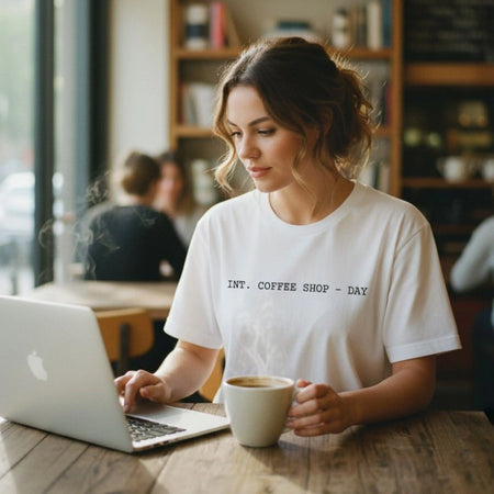  Woman in a white Screenwriter tee working on a laptop in a coffee shop with a cup of coffee.
