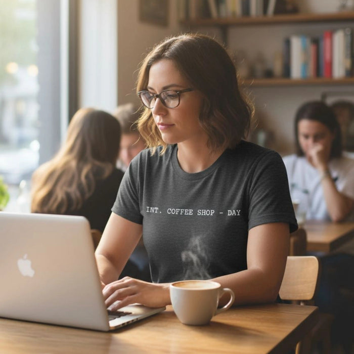 Screenwriter woman working on a laptop with a steaming cup of coffee in a cafe.